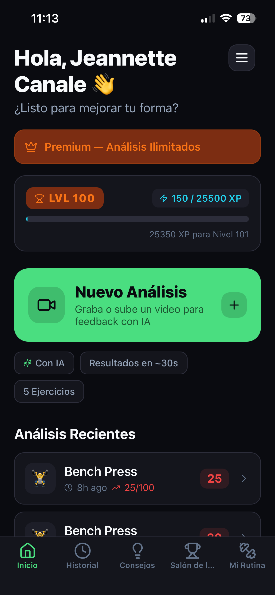 FitFull App - Level system with XP tracking